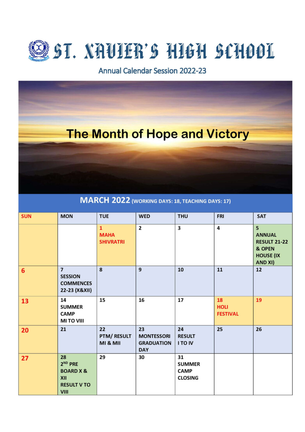 Annual Calendar 2022-23 - St. Xavier's High School, Vyapar Vihar, Bilaspur Annual Calendar 2022-23 - St. Xavier's High School, Vyapar Vihar, Bilaspur